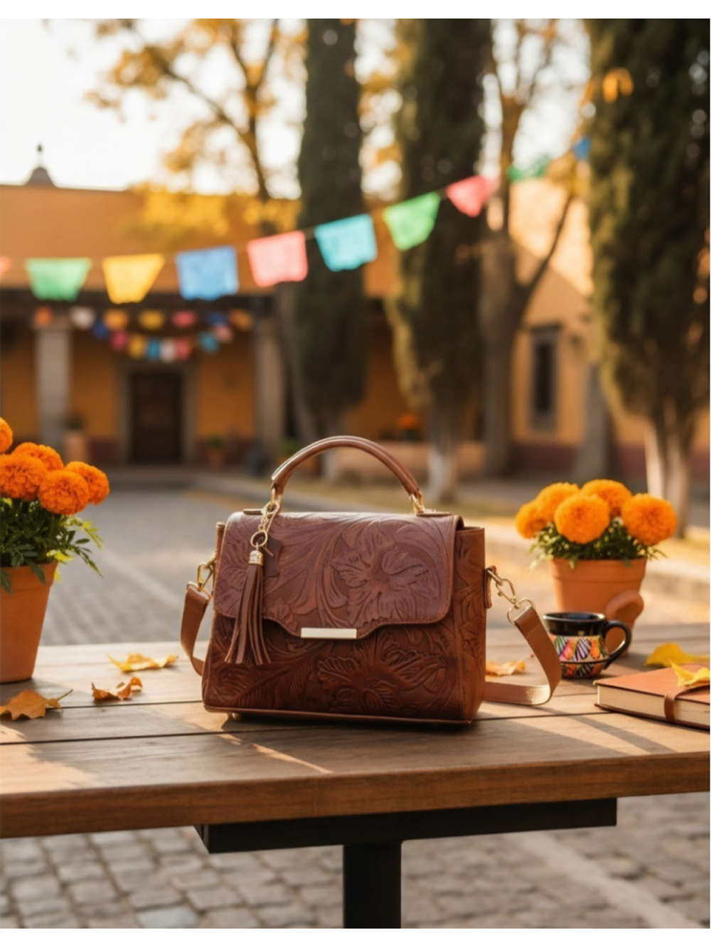Red & Gold Floral Embossed Tooled Artisan LEATHER Crossbody Handbag Purse Bag